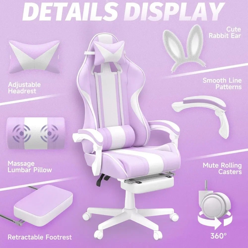 Kawaii Light Purple Gaming Chair with Bunny Ears, Ergonomic Cute Gamer Chair with Footrest and Massage Kawaii Light Purple Gaming Chair with Bunny Ears, Ergonomic Cute Gamer Chair with Footrest and Massage