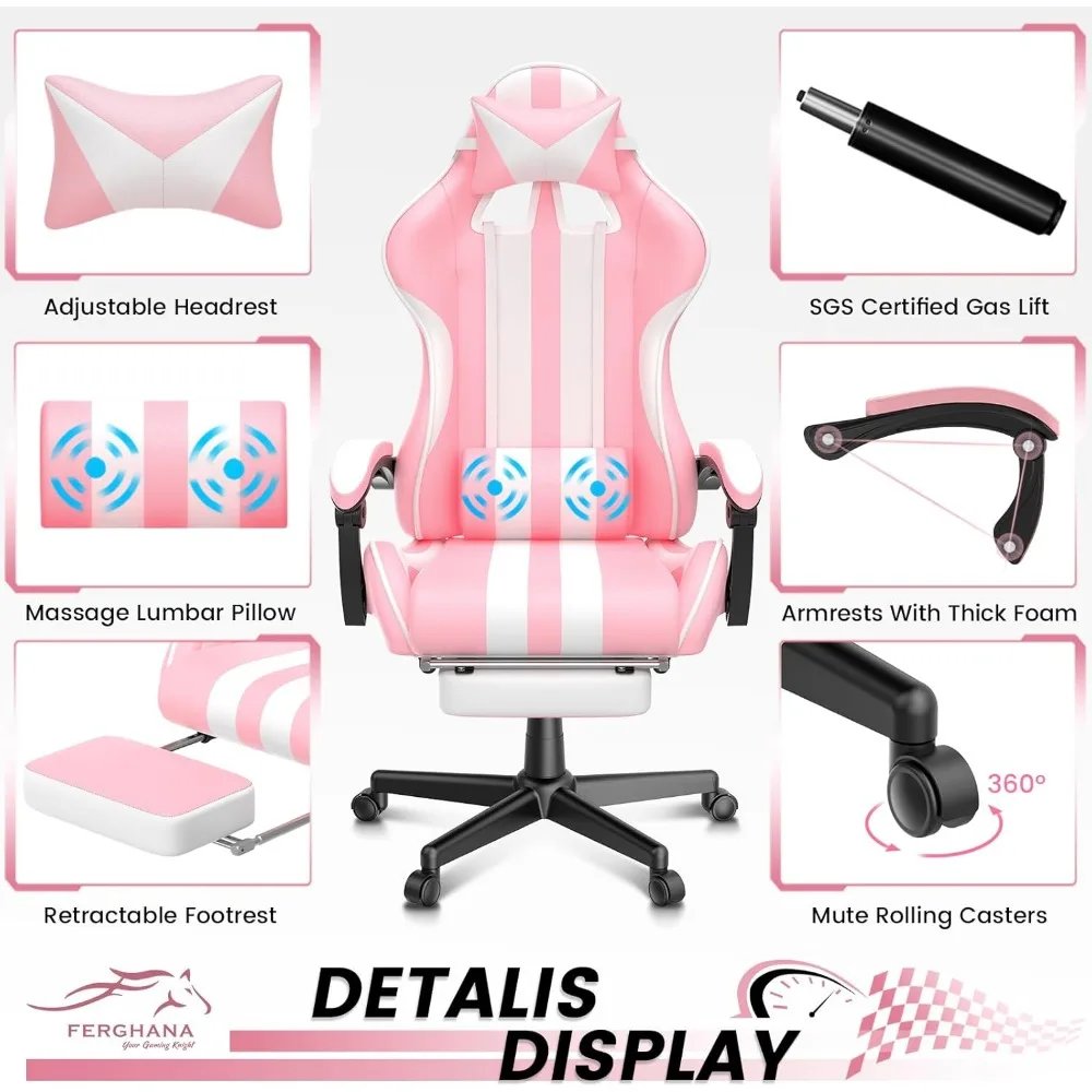Pink Gaming Chairs with Footrest,Computer Game Chair,Massage Gaming Chairs,Christmas,Xmas Gift,PC Gaming Chairs for Adults Teen Pink Gaming Chairs with Footrest,Computer Game Chair,Massage Gaming Chairs,Christmas,Xmas Gift,PC Gaming Chairs for Adults Teen