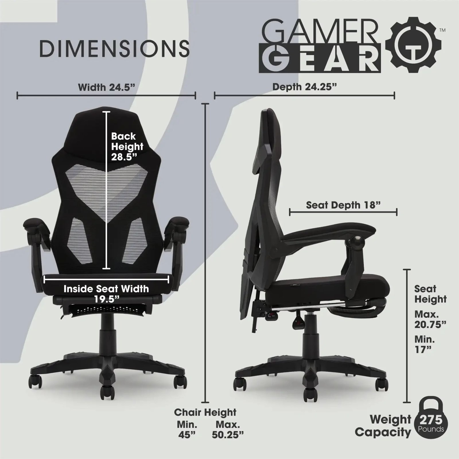 Gamer Gear Gaming Office Chair with Extendable Leg Rest, Gray/Black Fabric Upholstery office chair ergonomic