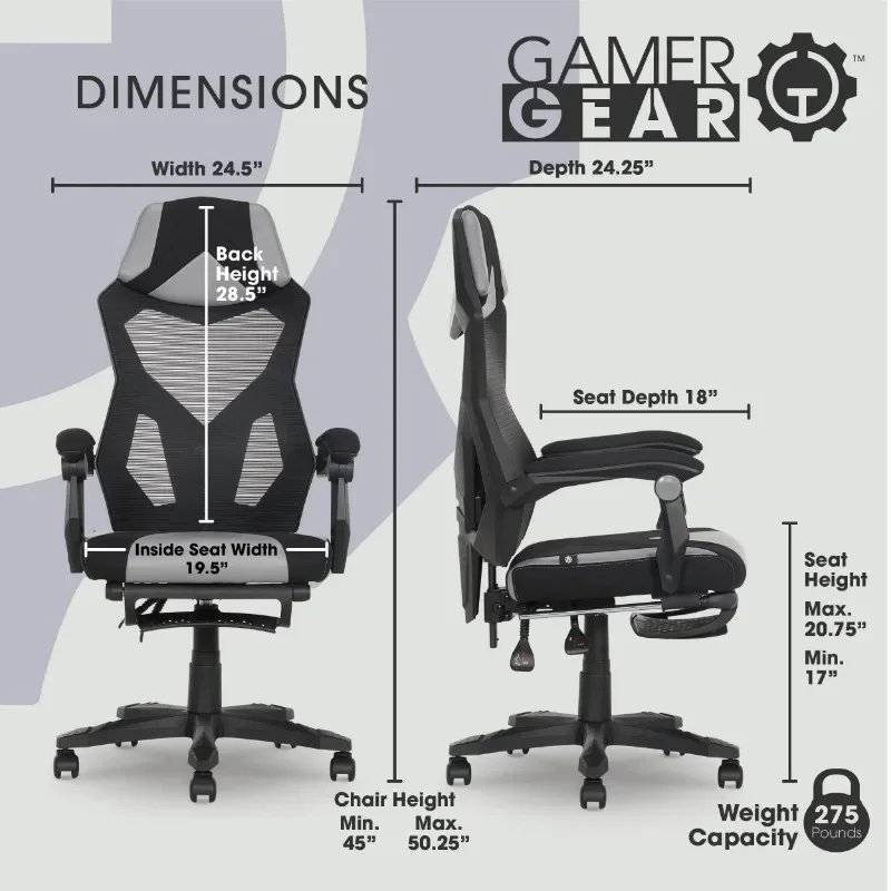 Gamer Gear Gaming Office Chair with Extendable Leg Rest, Gray/Black Fabric Upholstery office chair ergonomic