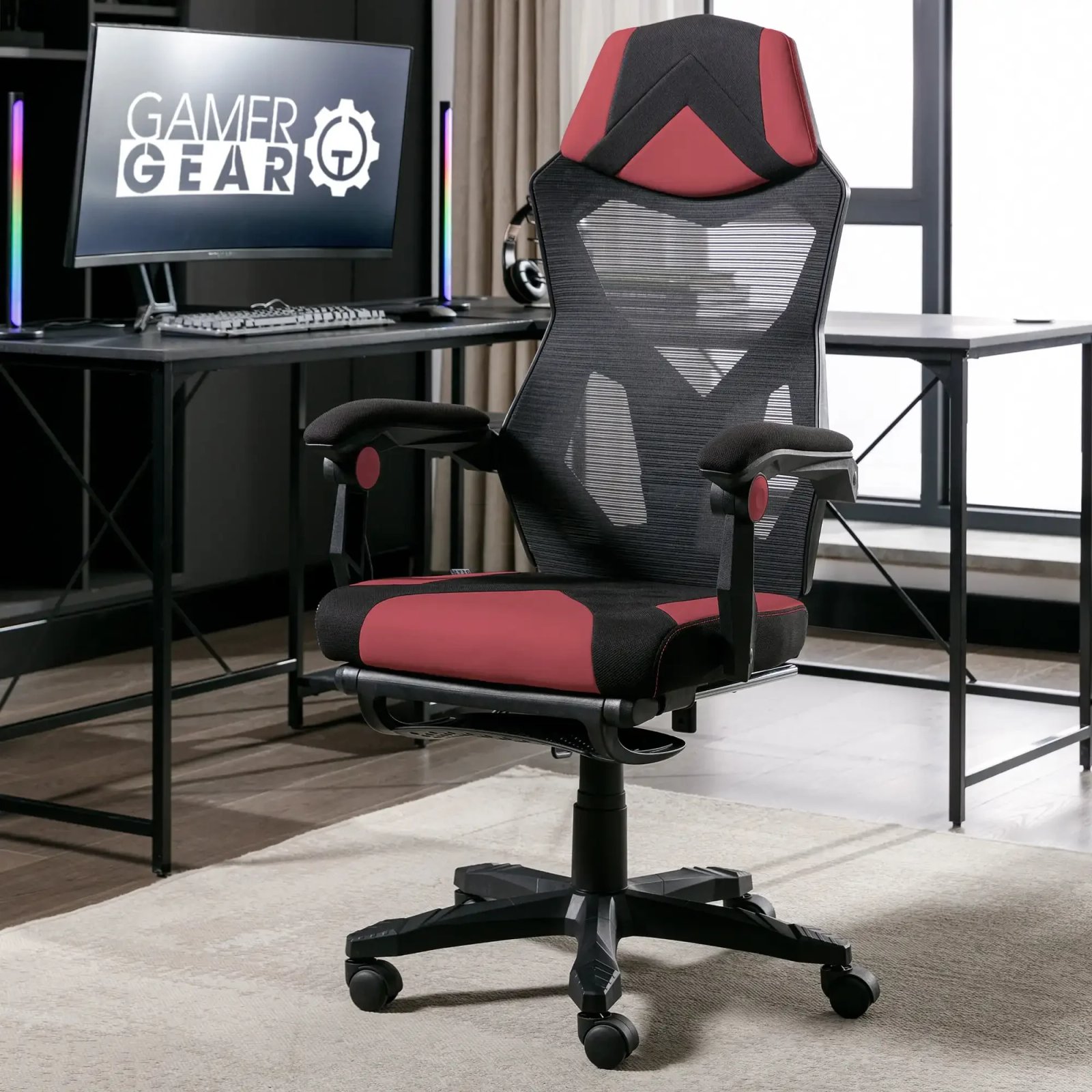 Gamer Gear Gaming Office Chair with Extendable Leg Rest, Gray/Black Fabric Upholstery office chair ergonomic