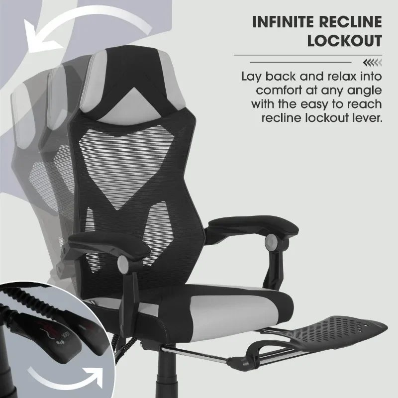 Gamer Gear Gaming Office Chair with Extendable Leg Rest, Gray/Black Fabric Upholstery office chair ergonomic
