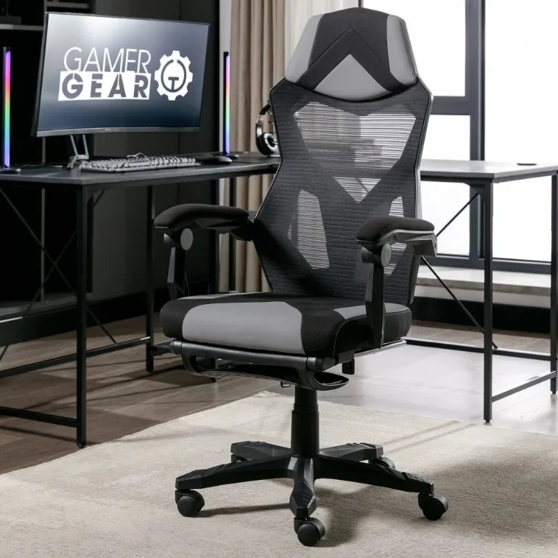 Gamer Gear Gaming Office Chair with Extendable Leg Rest, Gray/Black Fabric Upholstery office chair ergonomic
