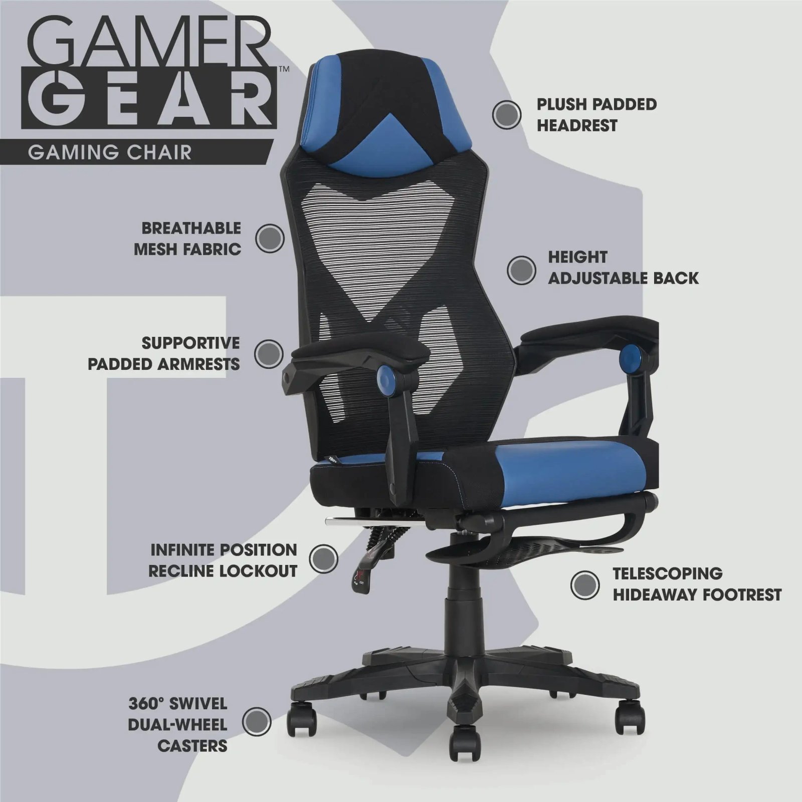 Gamer Gear Gaming Office Chair with Extendable Leg Rest, Gray/Black Fabric Upholstery office chair ergonomic