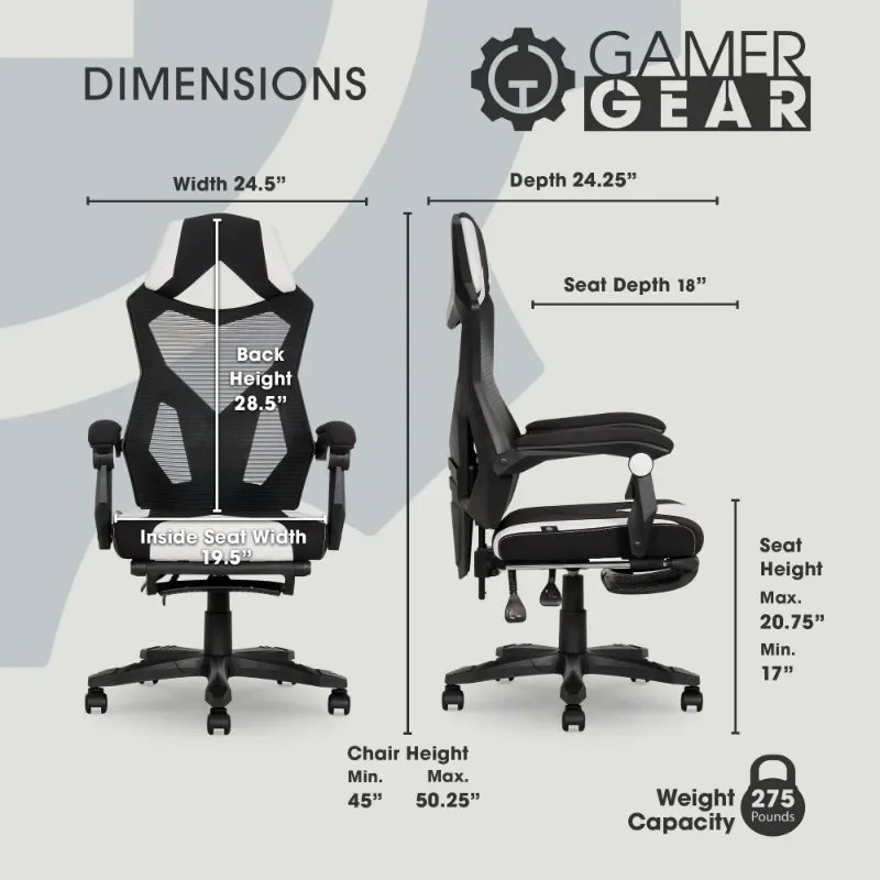 Gamer Gear Gaming Office Chair with Extendable Leg Rest, Gray/Black Fabric Upholstery office chair ergonomic