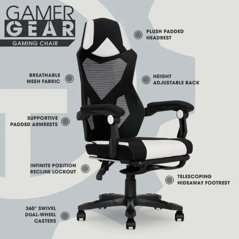 Gamer Gear Gaming Office Chair with Extendable Leg Rest, Gray/Black Fabric Upholstery office chair ergonomic
