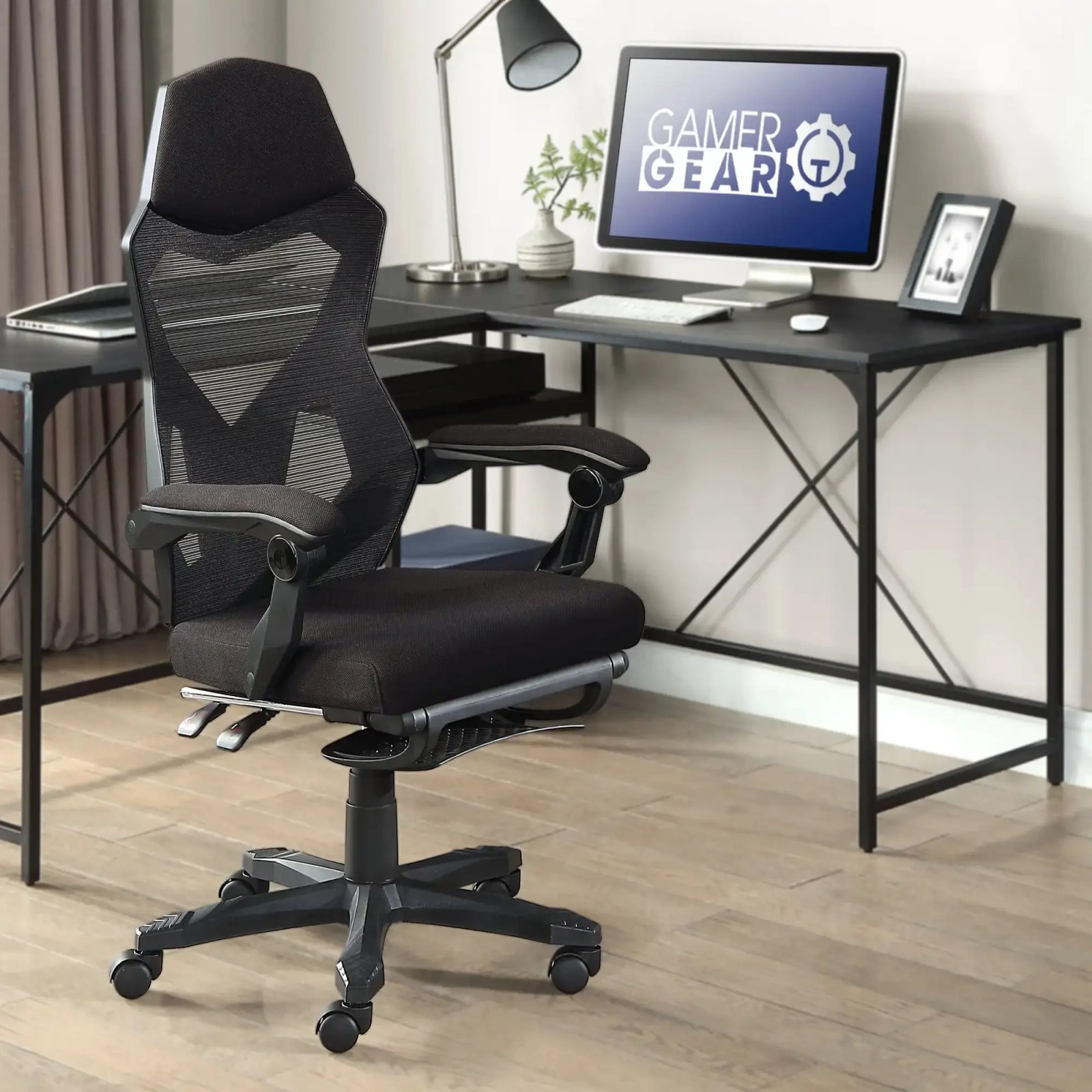 Gamer Gear Gaming Office Chair with Extendable Leg Rest, Gray/Black Fabric Upholstery office chair ergonomic