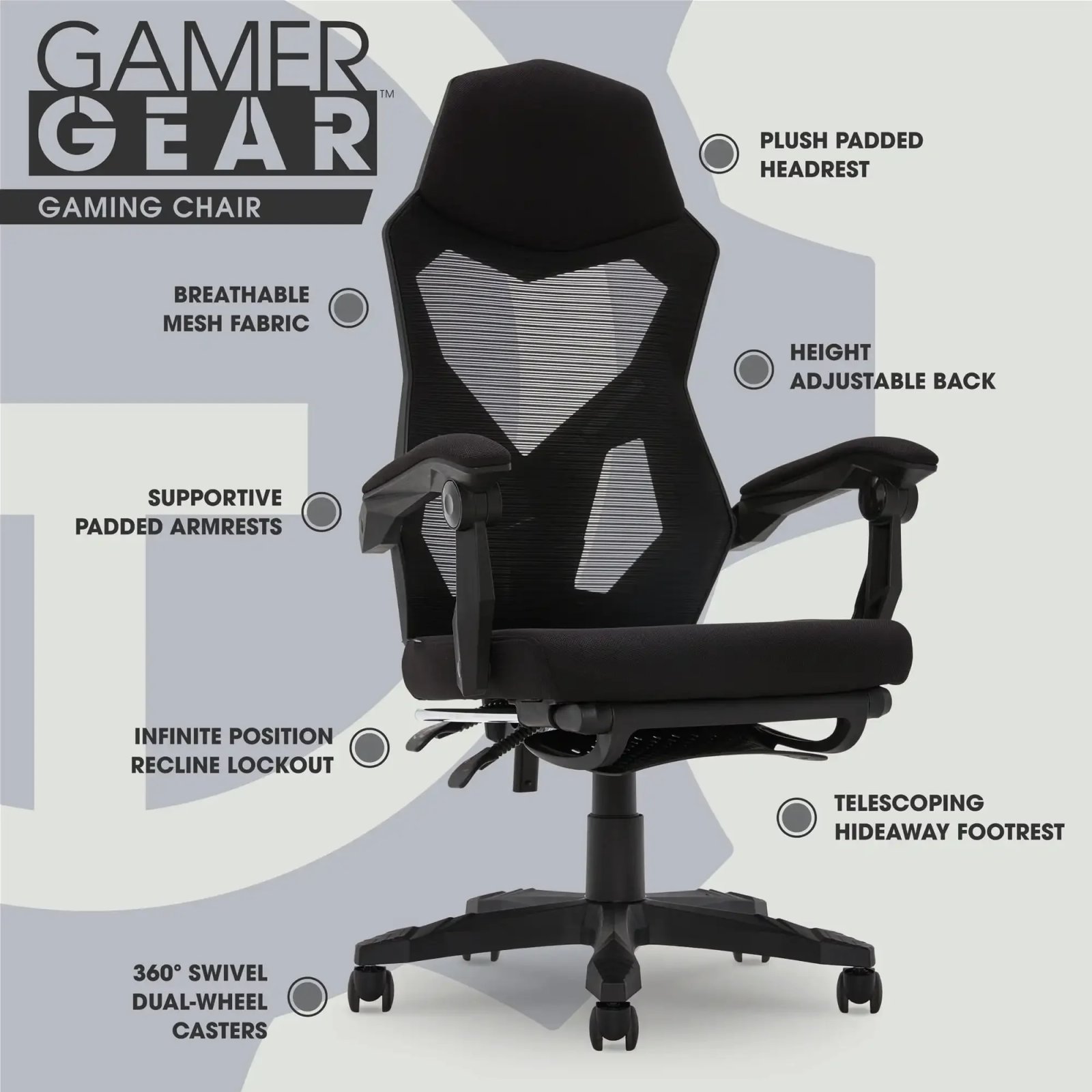 Gamer Gear Gaming Office Chair with Extendable Leg Rest, Gray/Black Fabric Upholstery office chair ergonomic