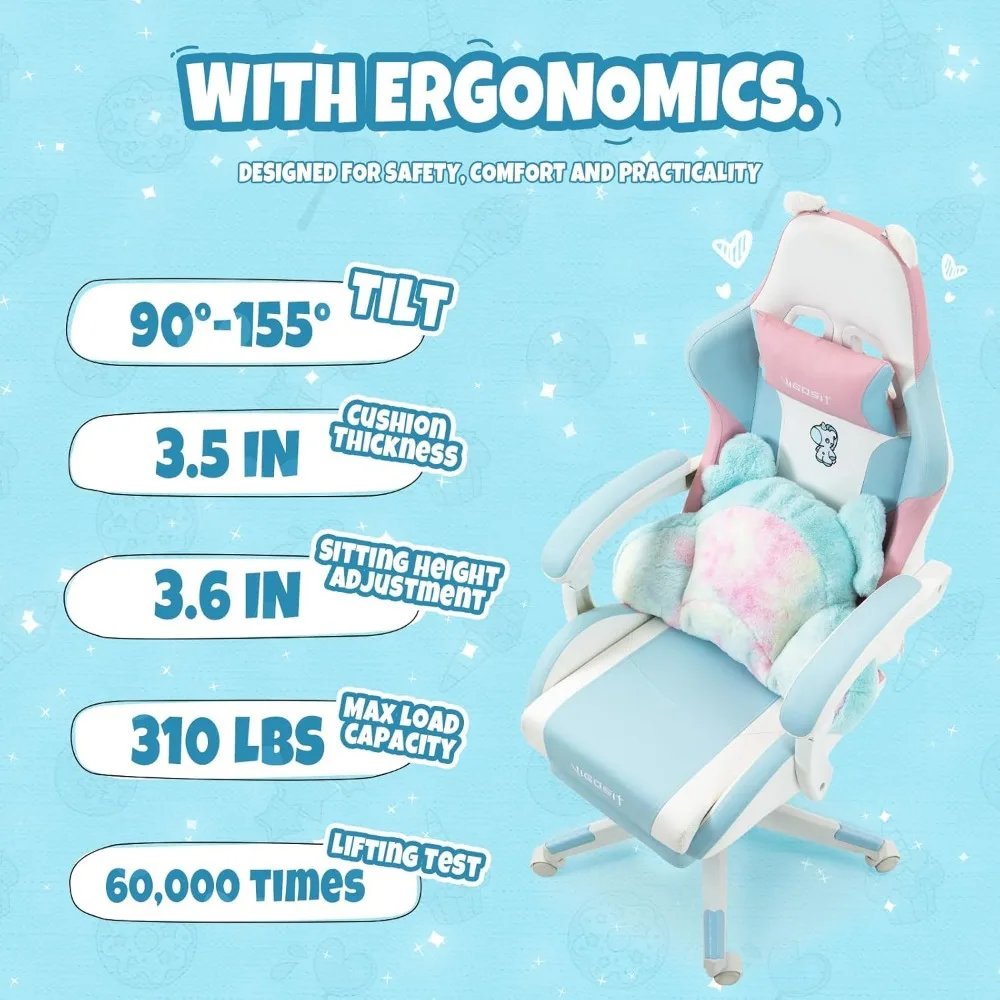 Cute Gaming Chair with Lumbar Cushion and Decorated Ears, Ergonomic Computer Chair with Footrest, Reclining PC Game Chair for Gi