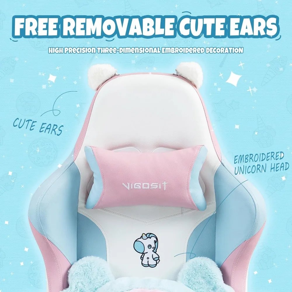 Cute Gaming Chair with Lumbar Cushion and Decorated Ears, Ergonomic Computer Chair with Footrest, Reclining PC Game Chair for Gi