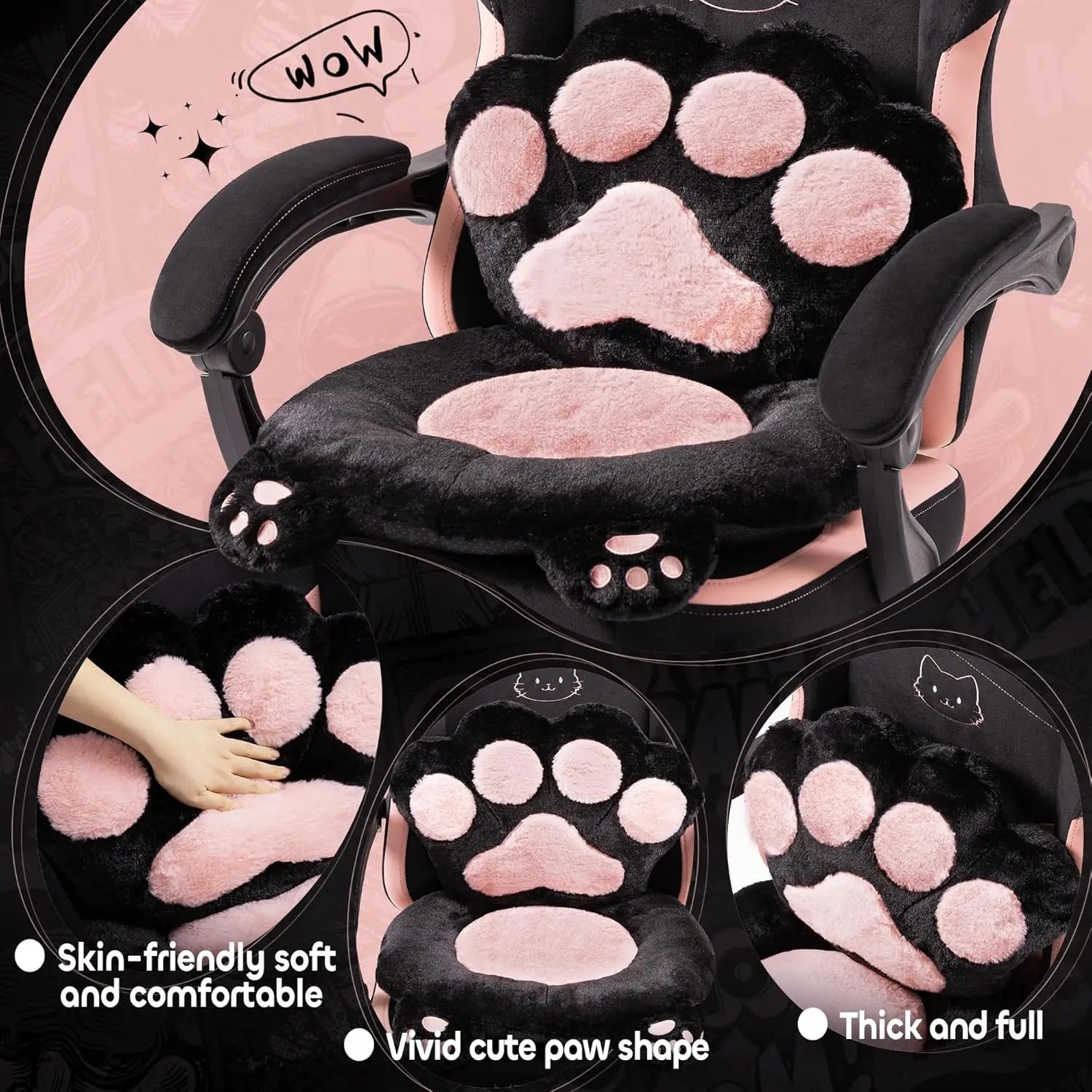 Pink Gaming Chair Cute with Cat Ears Paw Lumbar and Cushion,Ergonomic Computer Chair with Footrest,Reclining PC Game Chair