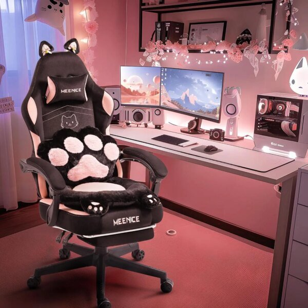 Pink Gaming Chair Cute with Cat Ears Paw Lumbar and Cushion,Ergonomic Computer Chair with Footrest,Reclining PC Game Chair