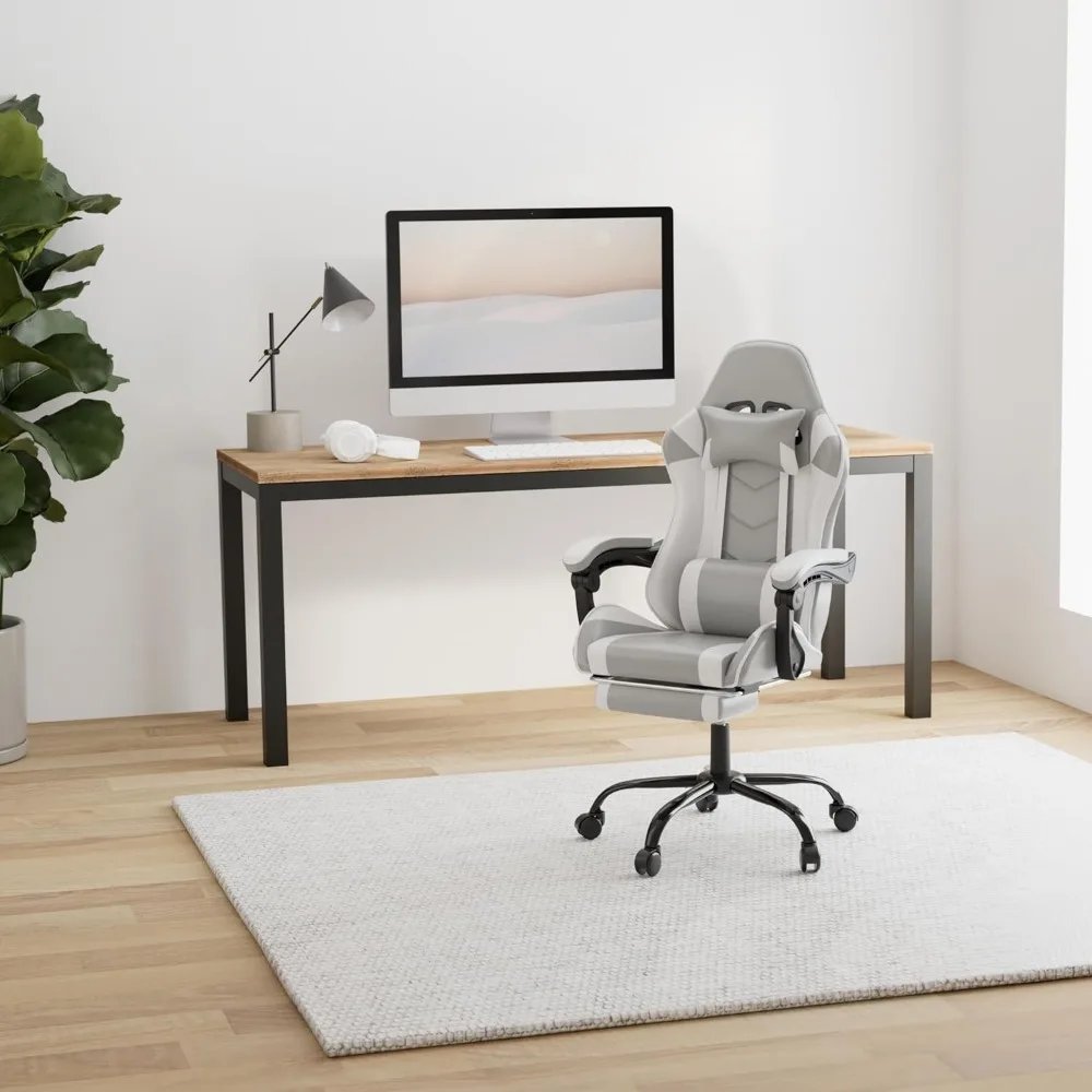 White Gaming Chair with Footrest, Big and Tall Gamer Chair, Racing Style Adjustable Swivel Office Chair, Ergonomic Video Game Ch White Gaming Chair with Footrest, Big and Tall Gamer Chair, Racing Style Adjustable Swivel Office Chair, Ergonomic Video Game Ch