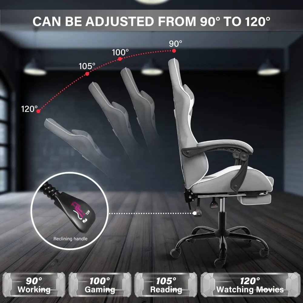 White Gaming Chair with Footrest, Big and Tall Gamer Chair, Racing Style Adjustable Swivel Office Chair, Ergonomic Video Game Ch White Gaming Chair with Footrest, Big and Tall Gamer Chair, Racing Style Adjustable Swivel Office Chair, Ergonomic Video Game Ch