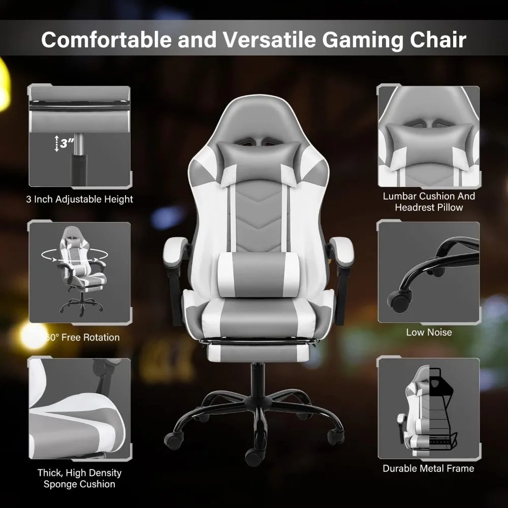 White Gaming Chair with Footrest, Big and Tall Gamer Chair, Racing Style Adjustable Swivel Office Chair, Ergonomic Video Game Ch White Gaming Chair with Footrest, Big and Tall Gamer Chair, Racing Style Adjustable Swivel Office Chair, Ergonomic Video Game Ch