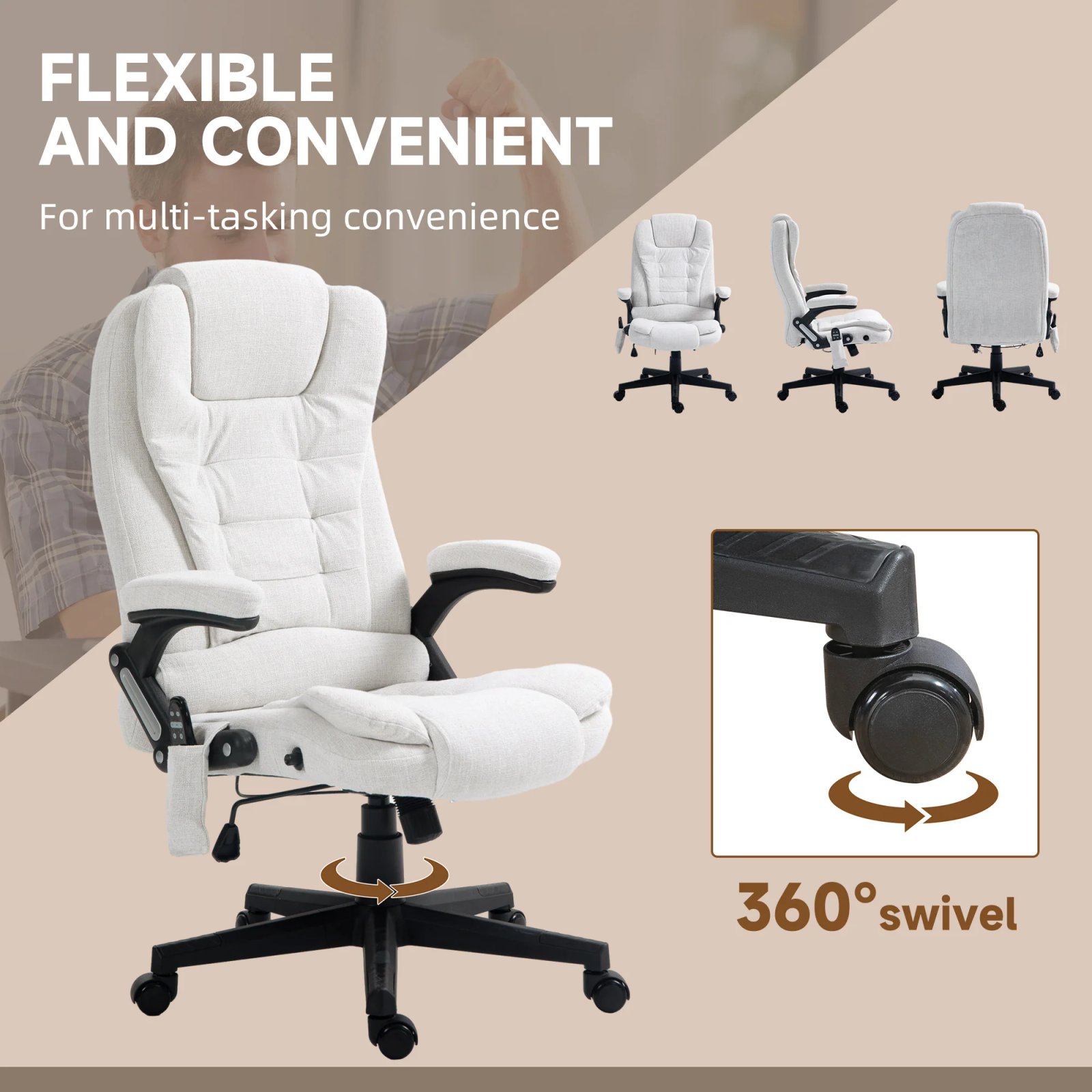 Massage Office Chair with 6 Points Heat Linen Executive Office Chair White