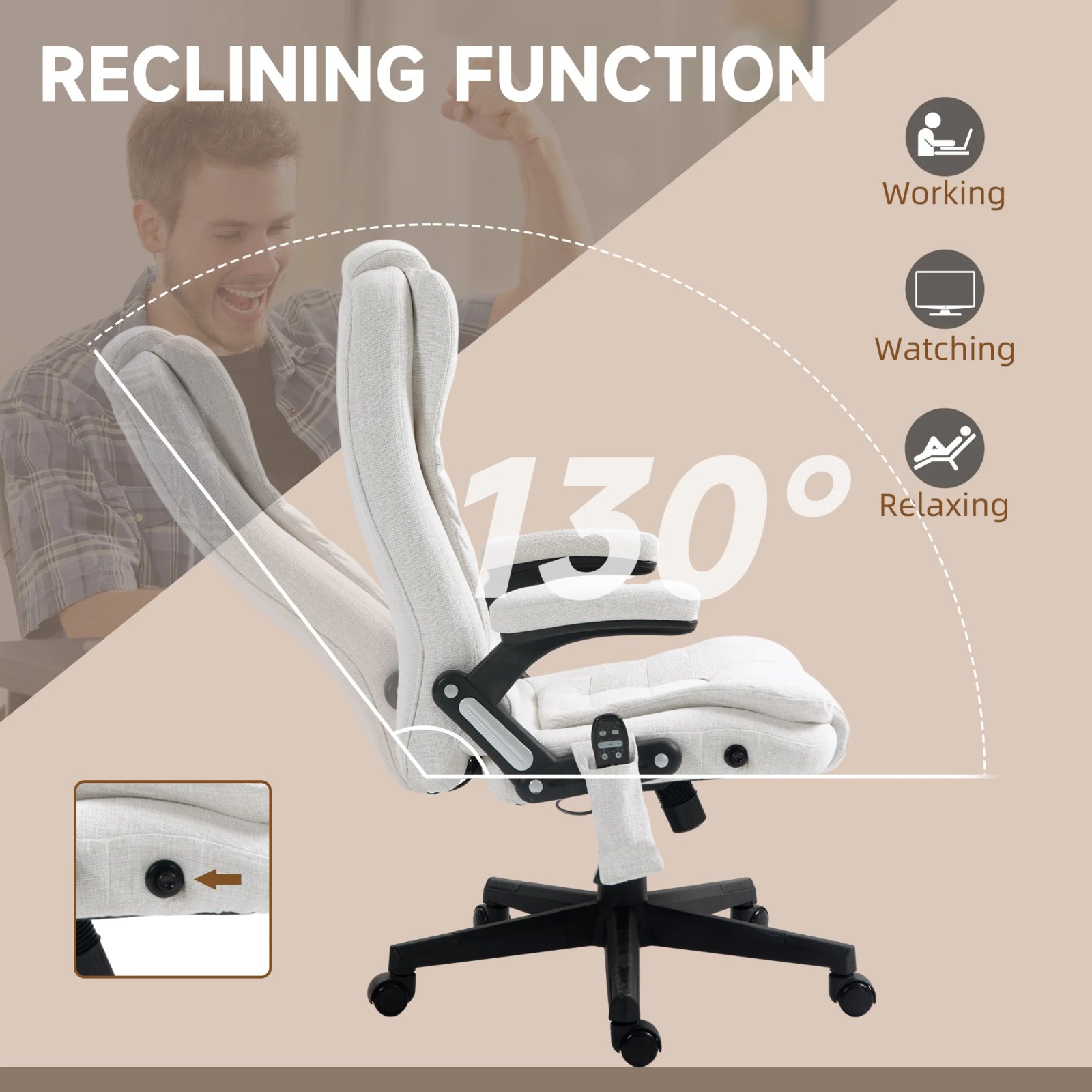 Massage Office Chair with 6 Points Heat Linen Executive Office Chair White