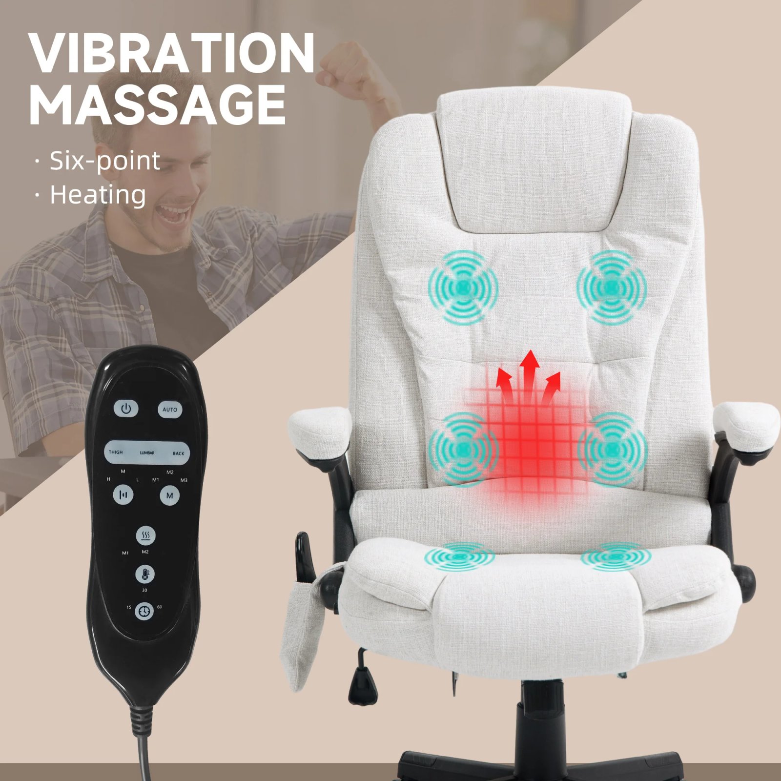 Massage Office Chair with 6 Points Heat Linen Executive Office Chair White