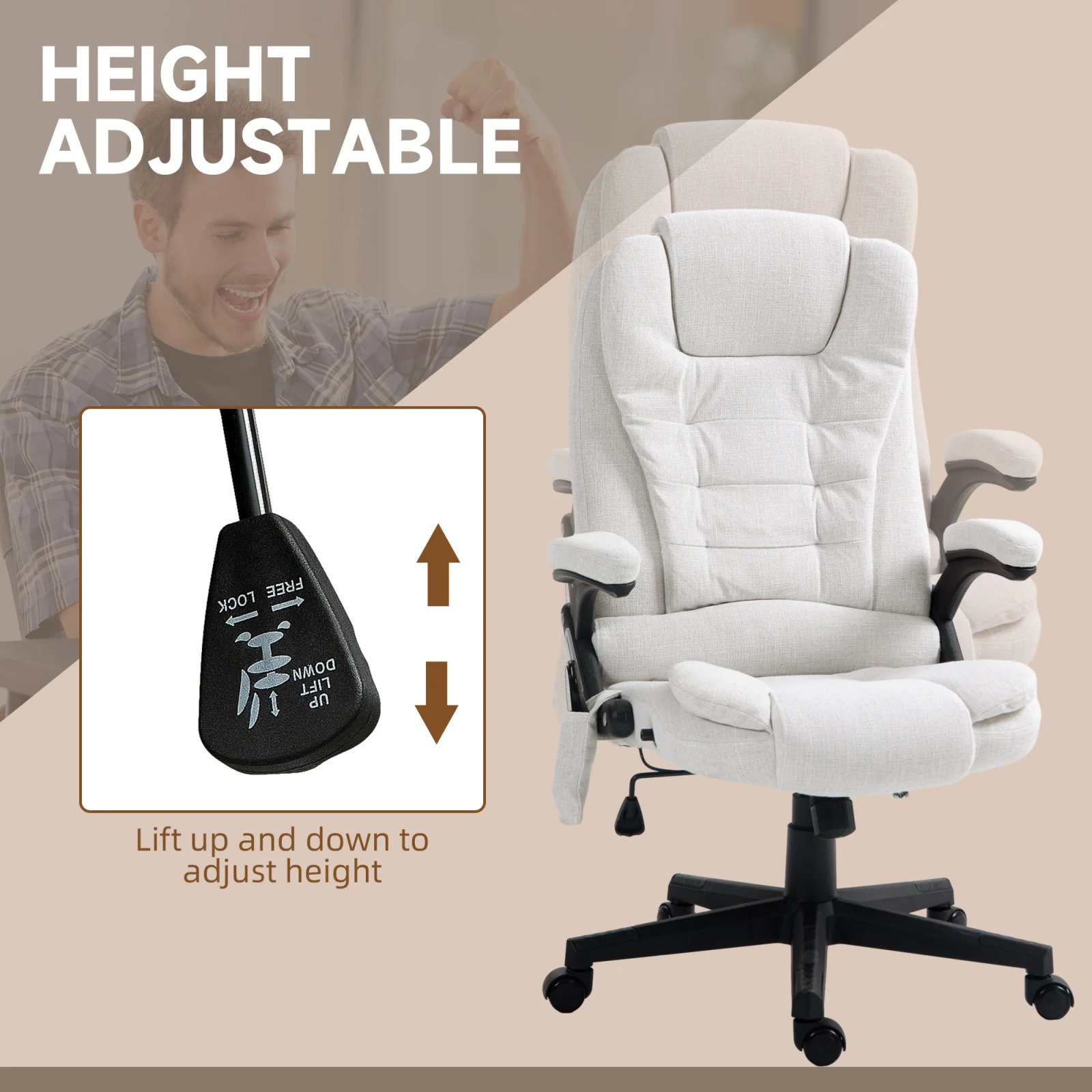 Massage Office Chair with 6 Points Heat Linen Executive Office Chair White