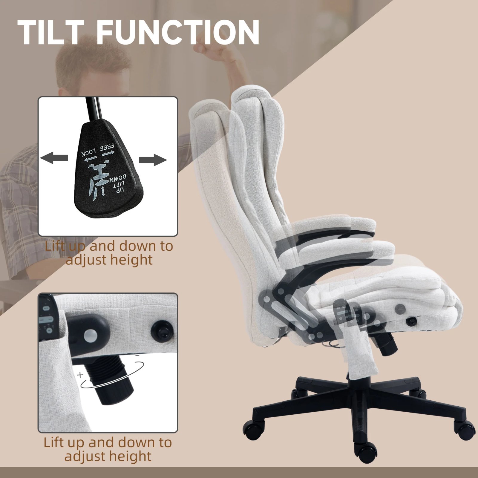 Massage Office Chair with 6 Points Heat Linen Executive Office Chair White