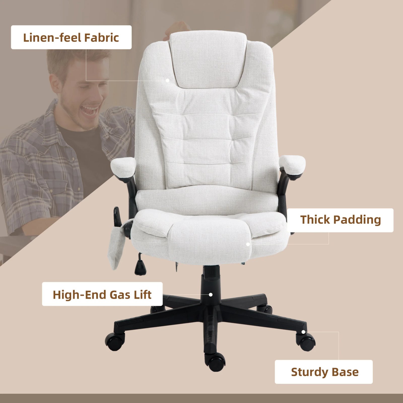 Massage Office Chair with 6 Points Heat Linen Executive Office Chair White