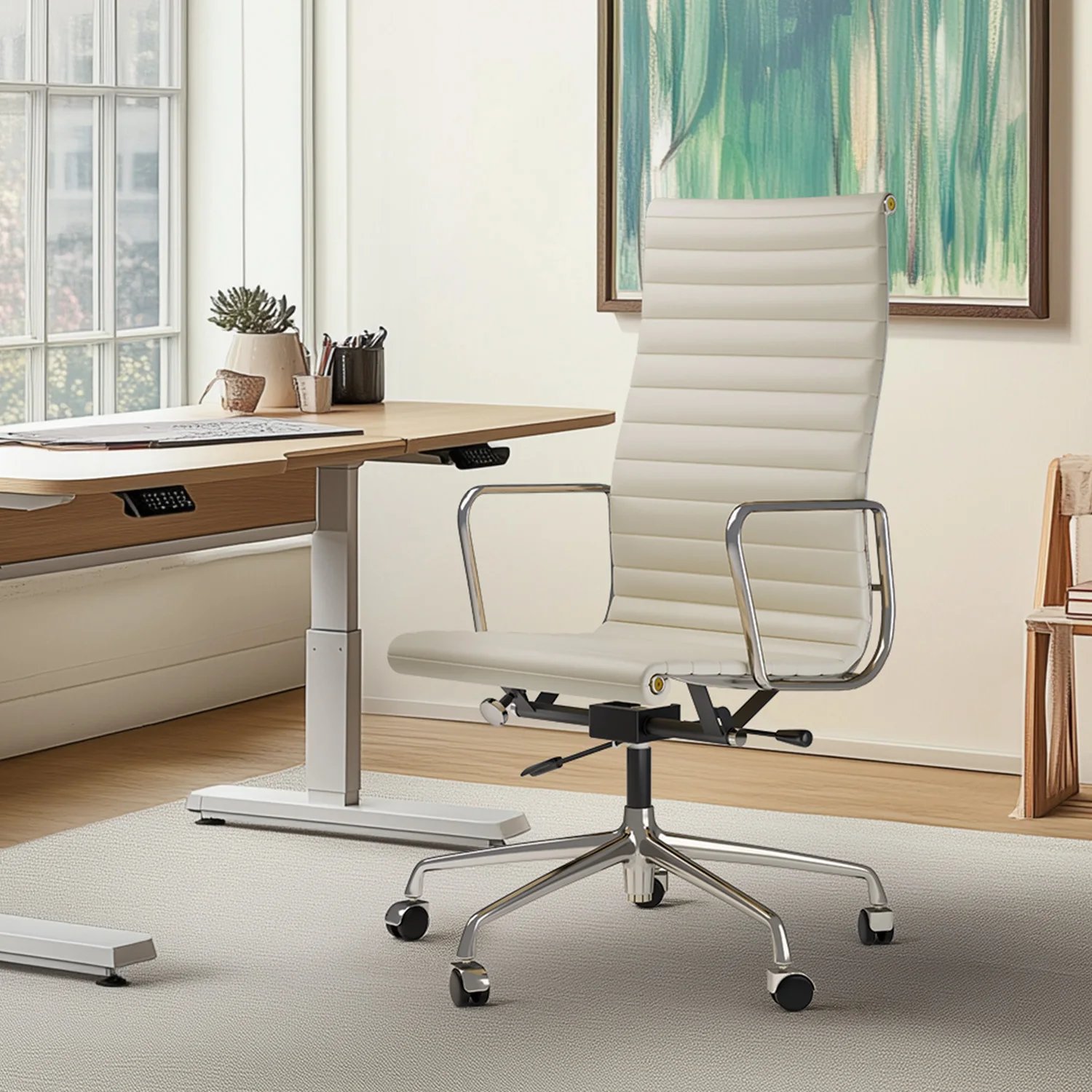 Mid Back Ribbed Office Chair White Genuine Leather Desk Chair Adjustable Ergonomic Computer Desk Chair for Study Office