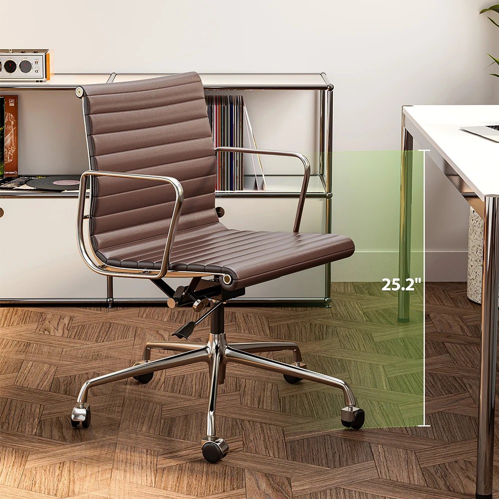 Mid Back Ribbed Office Chair White Genuine Leather Desk Chair Adjustable Ergonomic Computer Desk Chair for Study Office