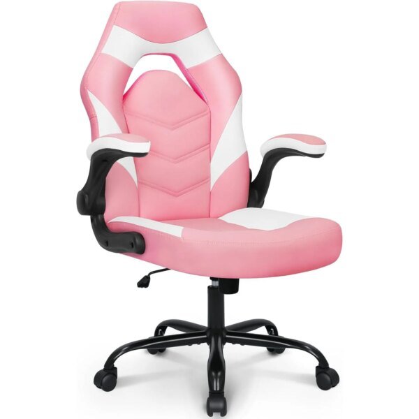 Gaming computer chair, equipped with lumbar support, flip arms, adjustable height rotating wheels, PU leather (pink)