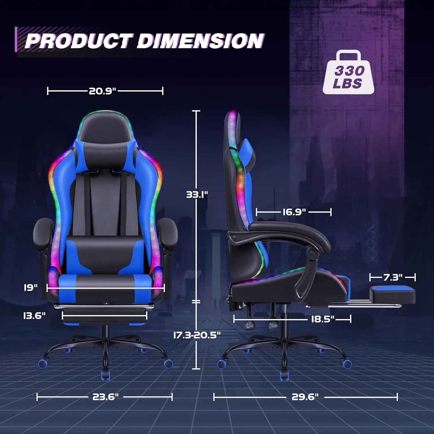 Gaming Chair, Video Game Chair with Footrest and Massage Lumbar Support, Ergonomic Computer Chair Height Adjustable (RGB Blue)