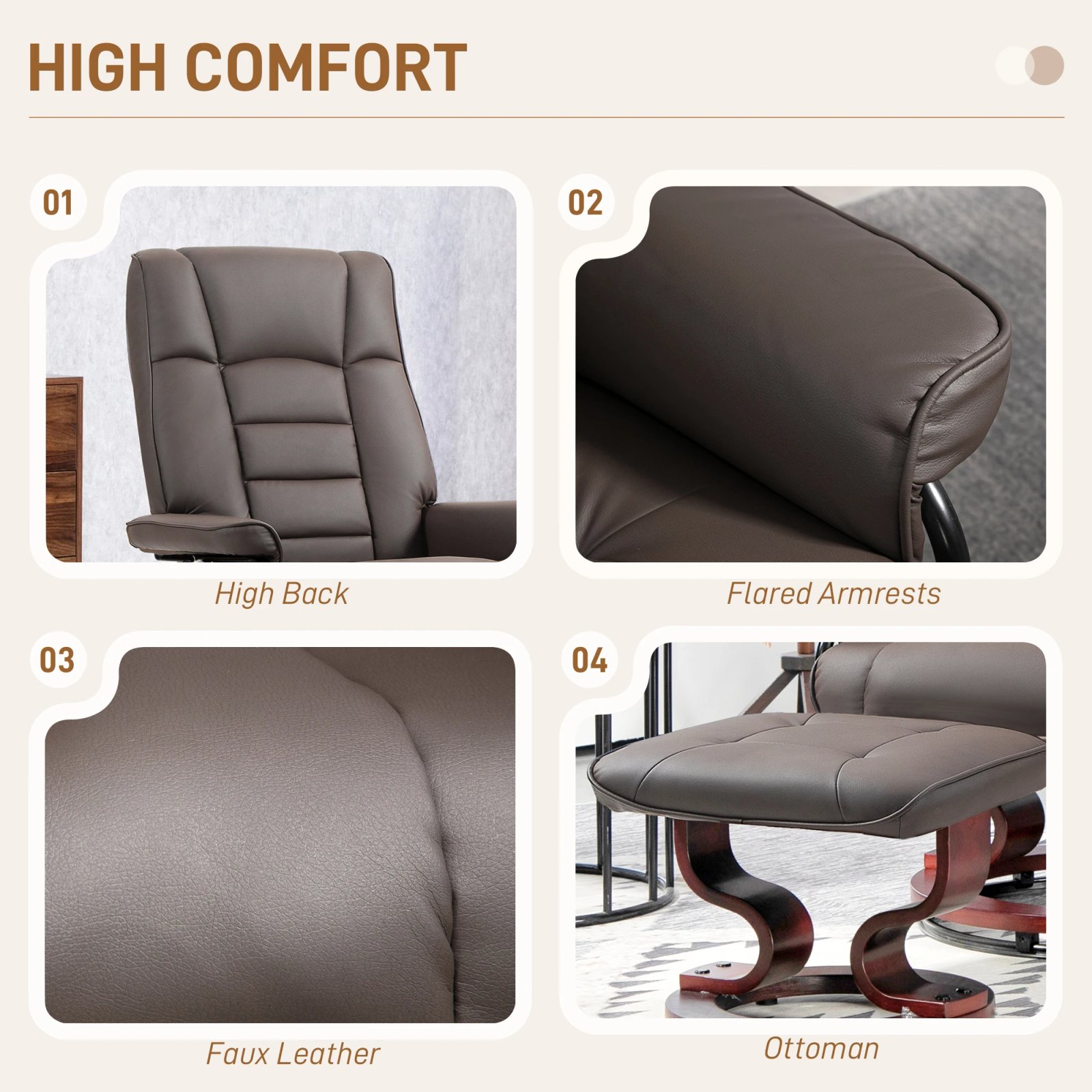HOMCOM Swivel Recliner with Ottoman, Faux Leather Rocking Chair, Brown