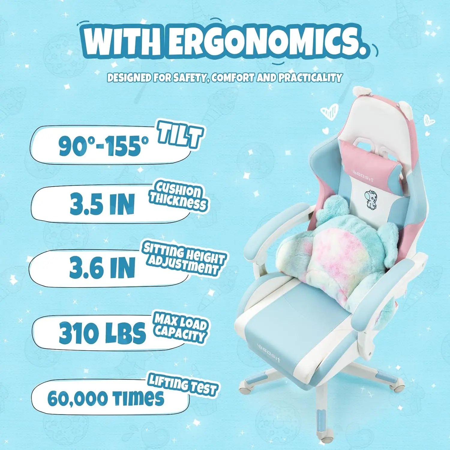 Cute Gaming Chair with Cushion and Decorated Ears, Ergonomic Computer Chair, Reclining PC Game Chair for Girl, Teen, Blue Pink