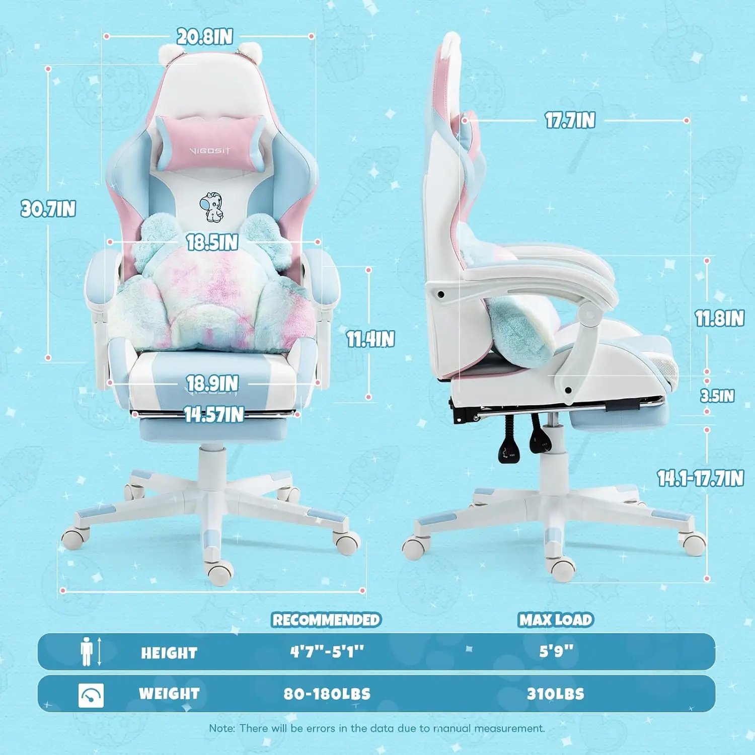 Cute Gaming Chair with Cushion and Decorated Ears, Ergonomic Computer Chair, Reclining PC Game Chair for Girl, Teen, Blue Pink
