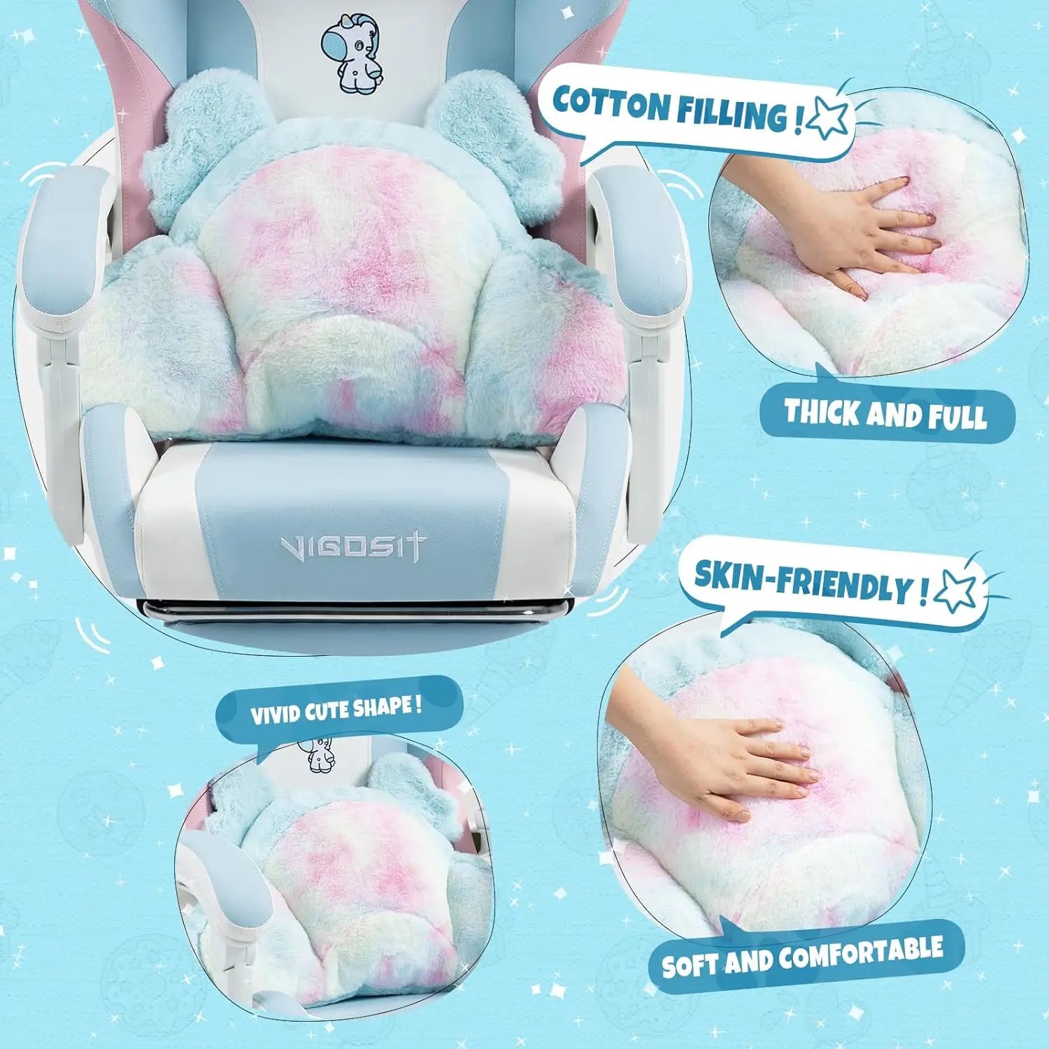 Cute Gaming Chair with Cushion and Decorated Ears, Ergonomic Computer Chair, Reclining PC Game Chair for Girl, Teen, Blue Pink