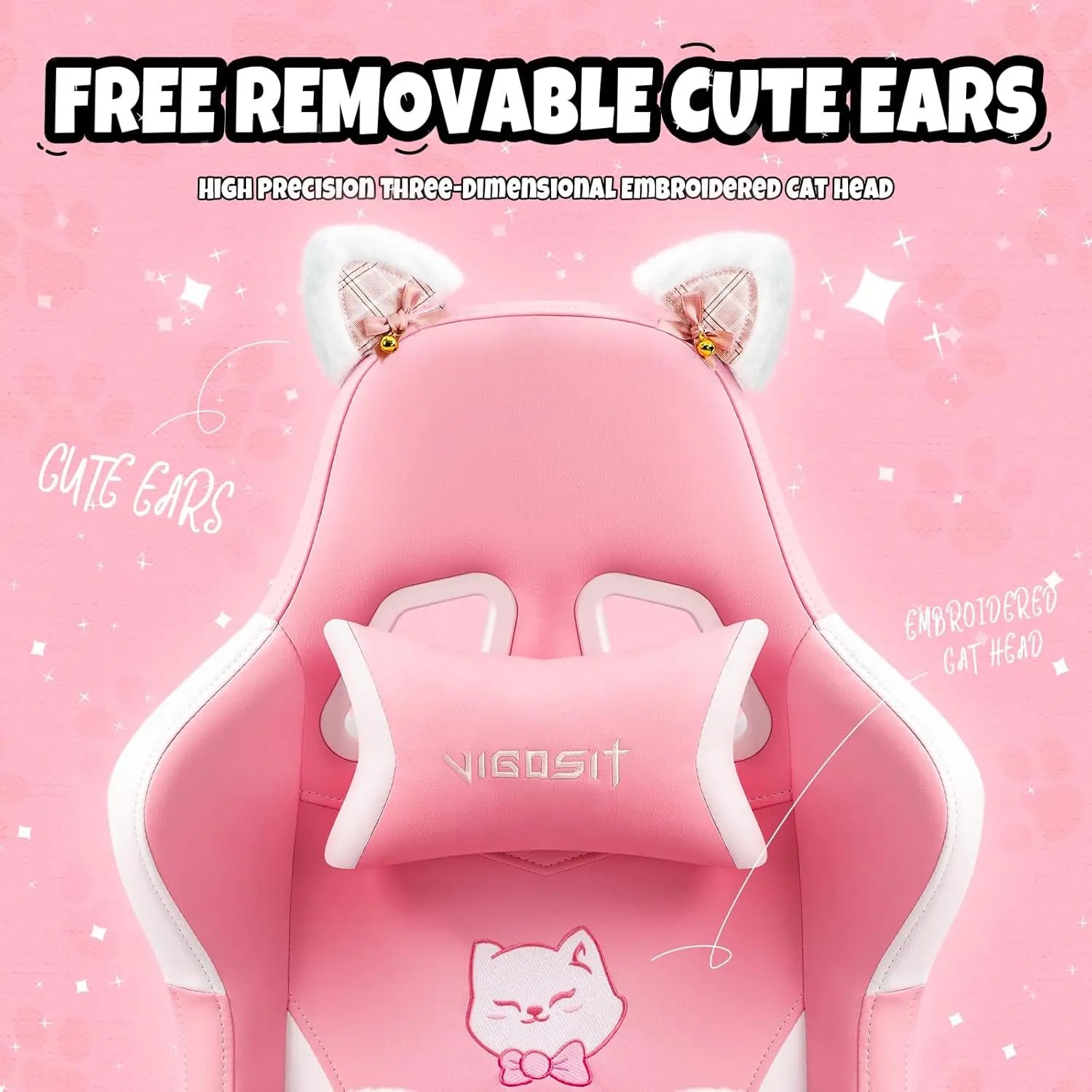 Pink Gaming Chair with Cat Paw Lumbar Cushion and Cat Ears, Ergonomic Computer Chair with Footrest, Reclining PC Game Chair